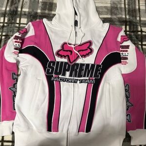 Supreme X Fox Racing Hooded Zip Up Pink and White Sweatshirt